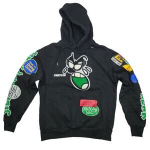 FIRST ROW Spring Break All Over Multi-patch Hoodie Black Chenille Embroider Sz S